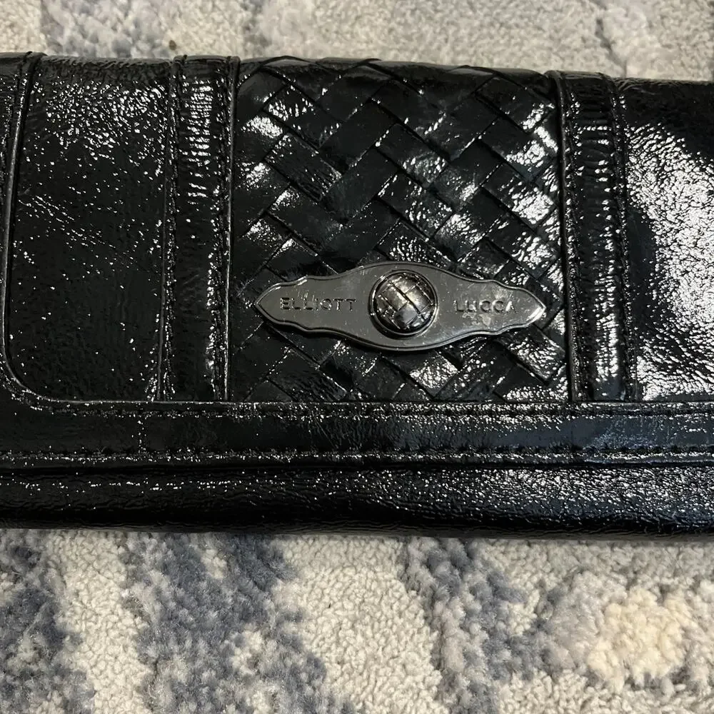 Elliott Lucca Black Patent Leather Trifold Clutch Wallet Wristlet